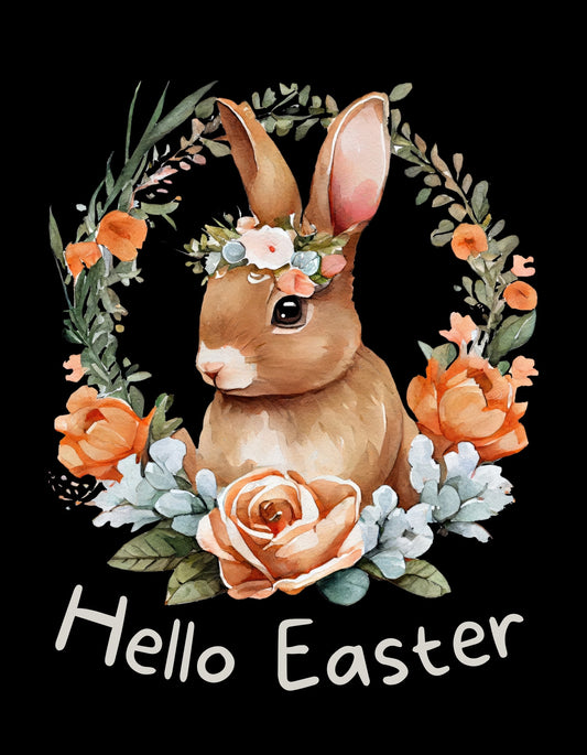 Egy bájos nyuszi fejét mutató kép, melyet virágkoszorú és virágdíszek vesznek körbe. A design az "Hello Easter" szöveggel ünnepli a Húsvétot, teremtve egy meleg, ünnepi atmoszférát. 
