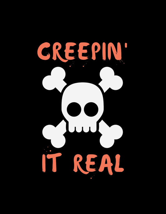 Egy merész, szórakoztató dizájn, ami egy koponya és csontváz kéz grafikát ábrázol, kiegészítve a "CREEPIN' IT REAL" felirattal. 