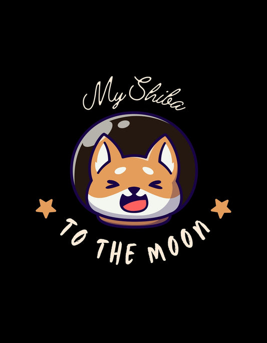 Egy vidám shiba inu kutya arcát ábrázoló űrhajó belsejében, körülötte csillagokkal és a "My Shiba to the Moon" felirattal. 