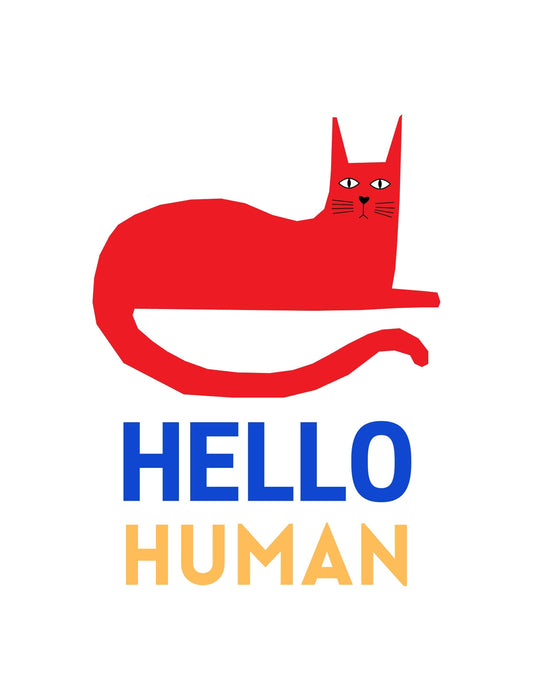 Egy vörös macska ábrázolása minimalista stílusban, szemtől szemben nézve az emberrel, a "HELLO HUMAN" felirat kék és sárga színkombinációjával. 