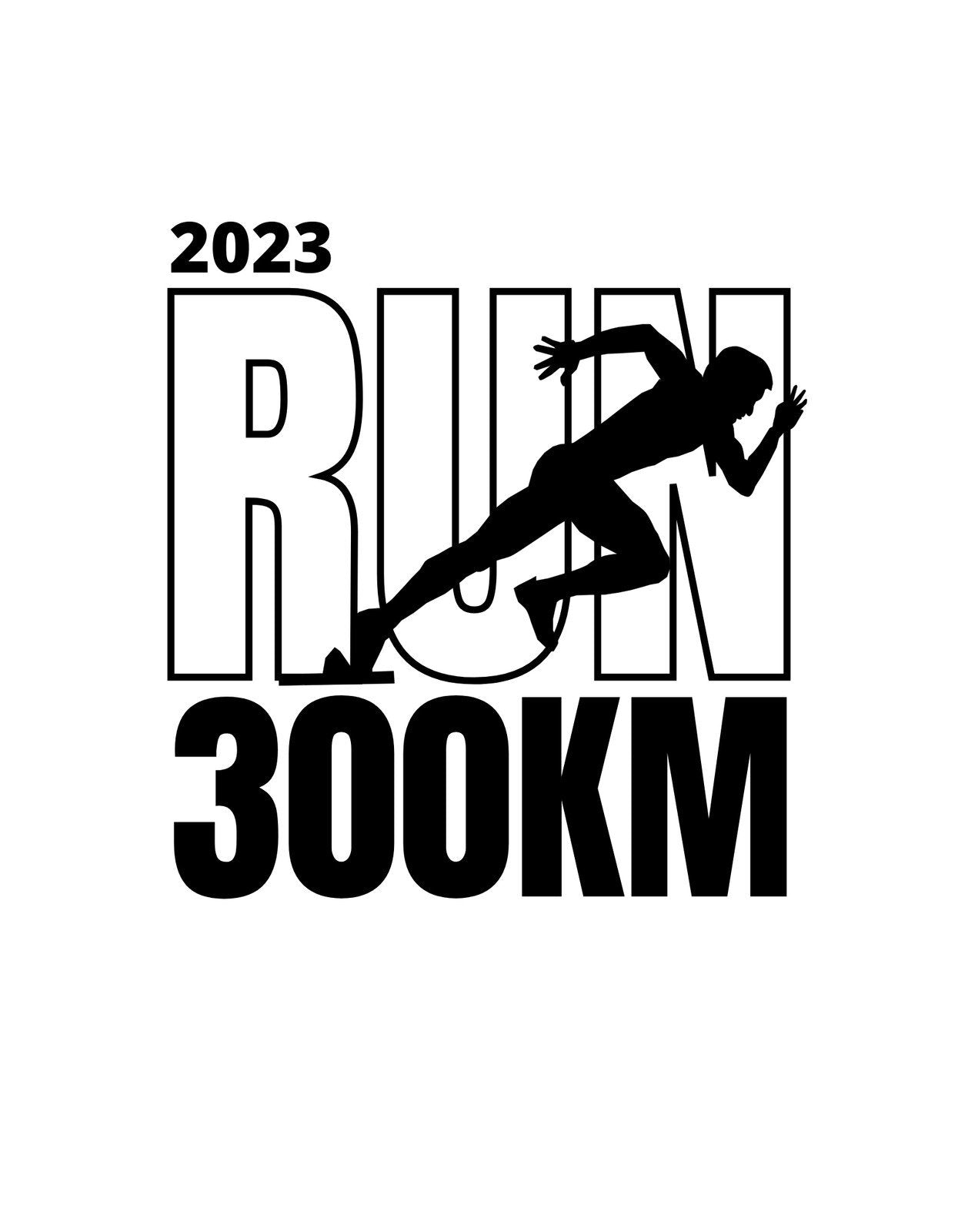 Egy futó sziluettje díszíti ezt a motiváló grafikát, a "2023 RUN 300KM" szöveggel kombinálva, amely az újévi kihívások és sportcélkitűzések szellemét tükrözi.