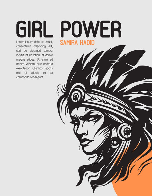 Egy erőteljes női profil képe látható, büszkeséget és függetlenséget sugárzó indián headdress díszítéssel. A letisztult vonalak és a dinamikus kontrasztok kiemelik az erős karaktert és a női erő szimbólumát. 