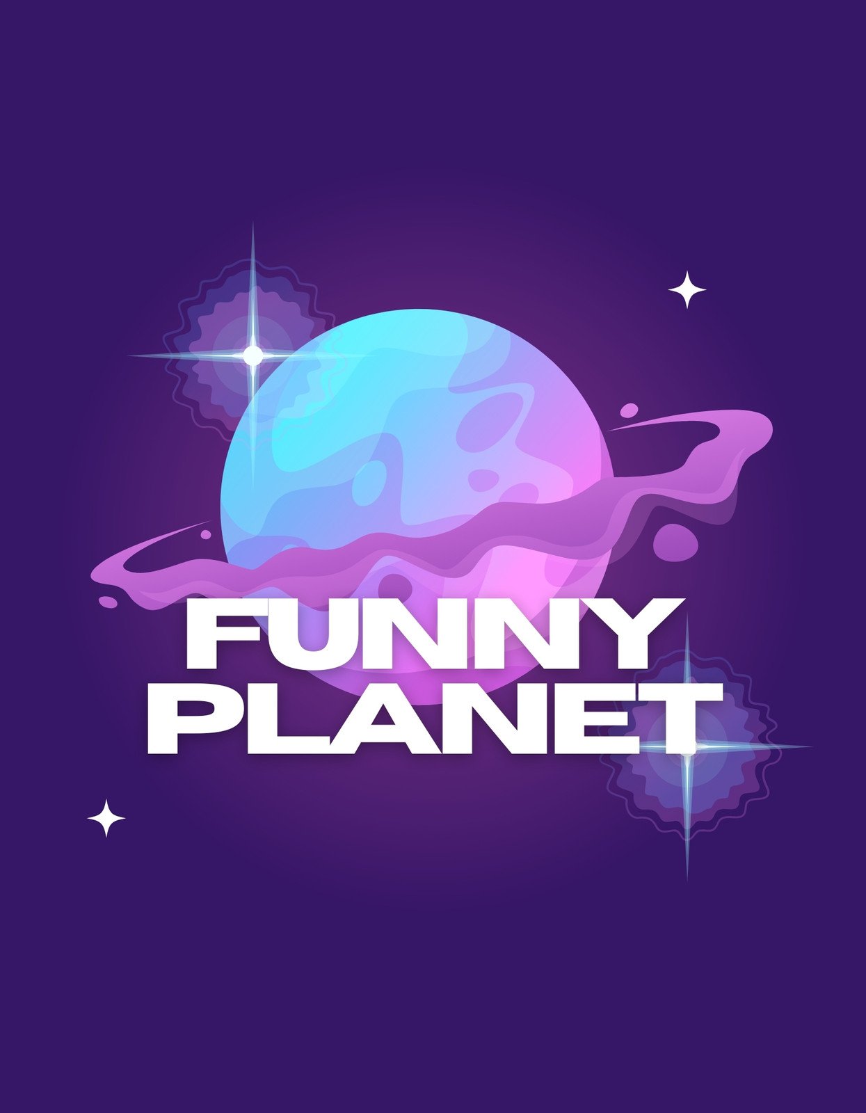 Egy vidám, színes bolygó terpeszkedik a kép közepén, körülötte csillogó csillagokkal és egy jellegzetes "FUNNY PLANET" felirattal. A háttér sötétlila, ami kiemeli a bolygó pasztellszínű kontúrját. 