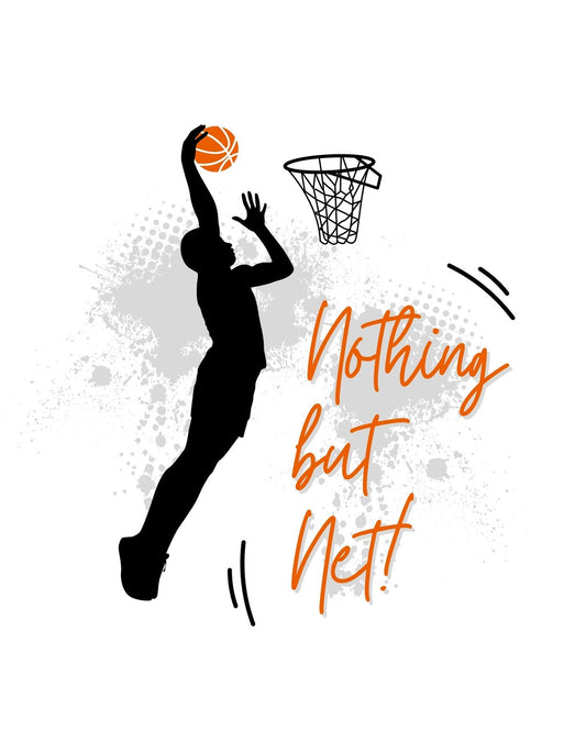 Egy dinamikus kosárlabdázó sziluettje látható, amint pontot szerez, szürke fröcskölődéssel a háttérben, és a "Nothing but Nett" szöveggel narancssárga betűkkel. 