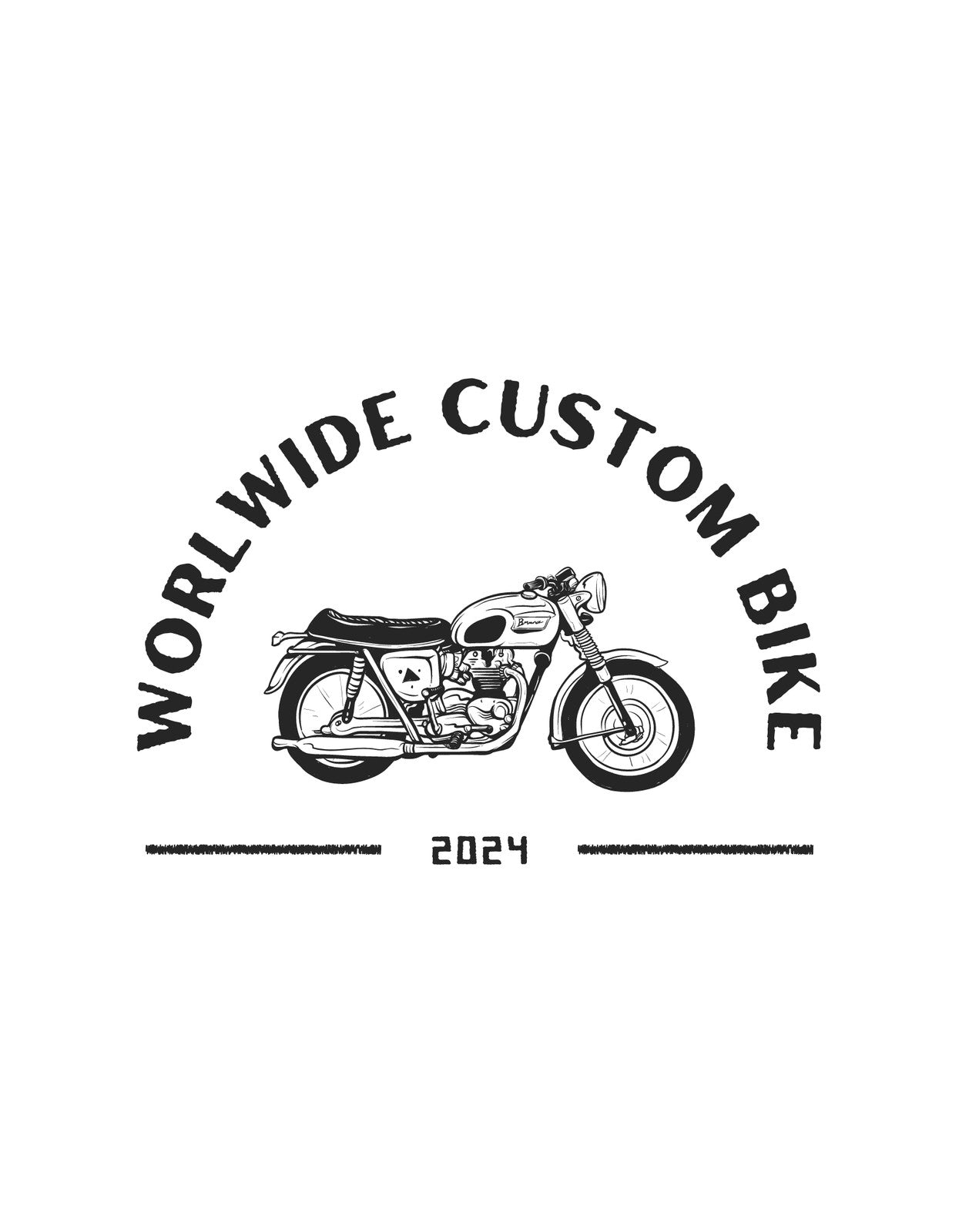 Egy klasszikus stílusú motorkerékpárt ábrázoló kép, melyet a "Worldwide Custom Bike 2024" felirat vesz körül, sugárzó eleganciát és egyediséget kölcsönözve a dizájnnak.