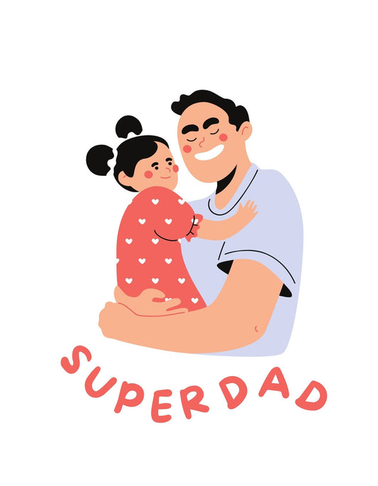 Egy kedves apa és kisgyermeke ölelkezése, mosolygós arccal ábrázolva, a "SUPERDAD" felirattal alul. 