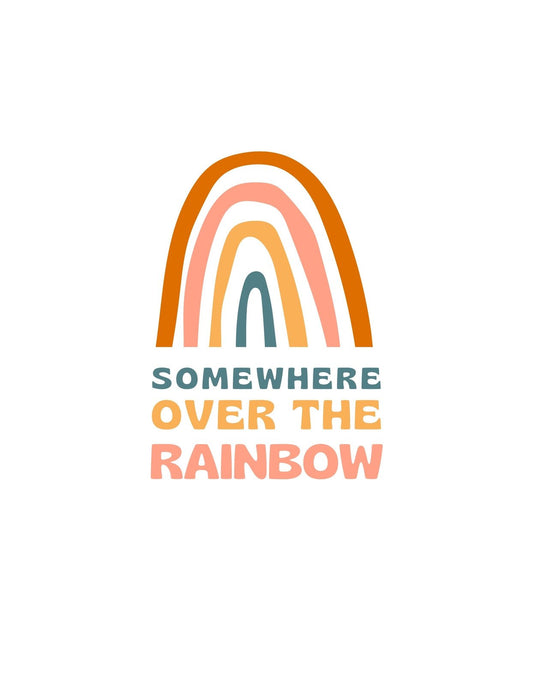 Színes szivárványos grafika "Somewhere Over the Rainbow" felirattal 