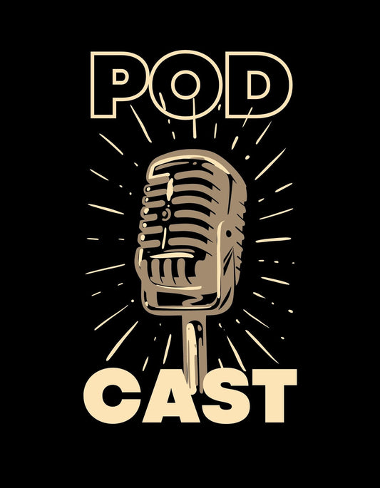 Egy hangulatos, régi stílusú mikrofon közelképe, melyből kiinduló sugárzó vonalak hangsúlyozzák a "PODCAST" feliratot, modernebb érzetet adva az egésznek. 