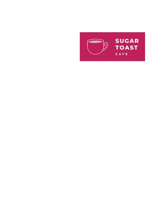 Egy csésze kávé illusztrációja díszíti ezt a minimalista kialakítású tervezetet, melyet a "SUGAR TOAST CAFE" felirat egészít ki bordeaux háttéren, árasztva a reggeli kávézók nyugodt hangulatát. 