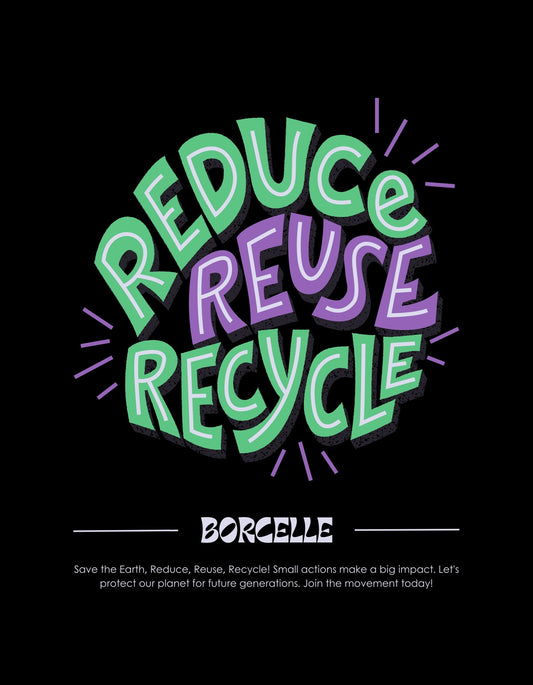 A "Reduce, Reuse, Recycle" felirat élénk színekben tűnik ki a sötét háttérből, körülötte sugárzó vonalak hívják fel a figyelmet az üzenetre. 