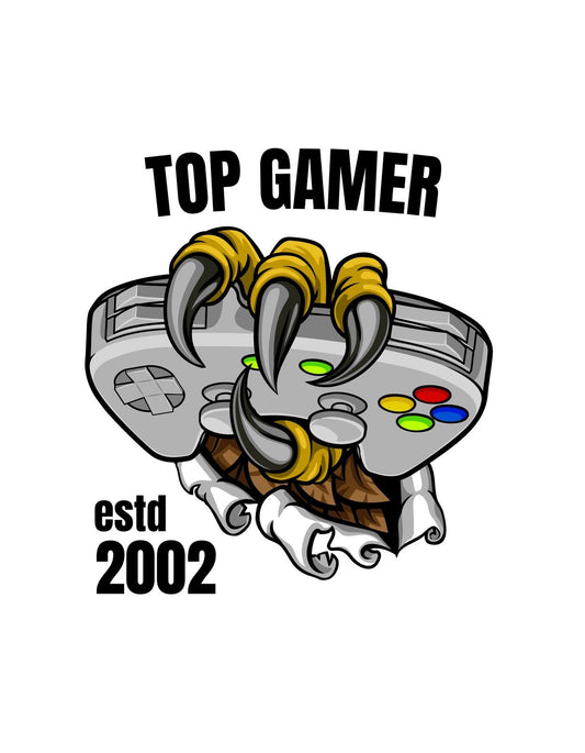 Ez a kép egy vad és dinamikus videojáték-kontrollert ábrázol, melyet karom és sárkány-stílusú részletek tesznek egyedivé. A "TOP GAMER" szöveg és az "estd 2002" aláírás az igazi játékosok szellemiségét ünnepli.