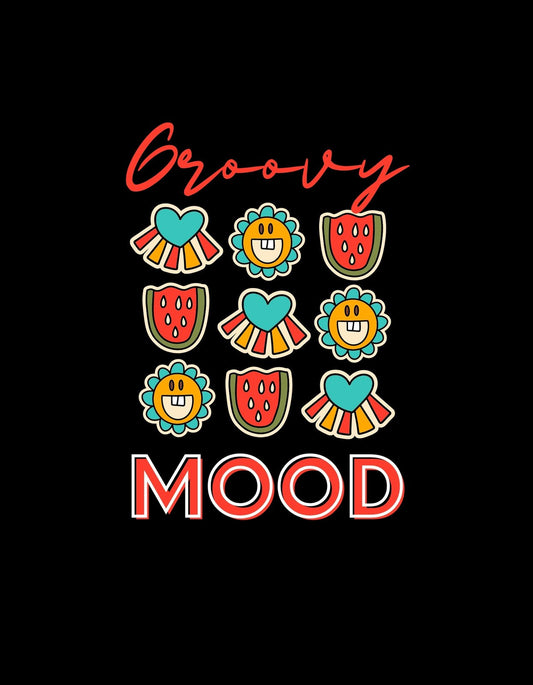 A képen egy vidám, retro hangulatú dizájn látható, "Groovy" és "MOOD" felirattal, kiegészülve mosolygós virágokkal és szívecskés eperdarabokkal. 