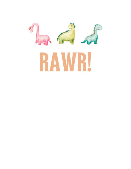 Vidám akvarell dinoszauruszok sorakoznak egymás mellett, mindegyiken más szín és minta dominál, alattuk a "RAWR!" felirat büszkén hirdeti a játékos hangulatot. 