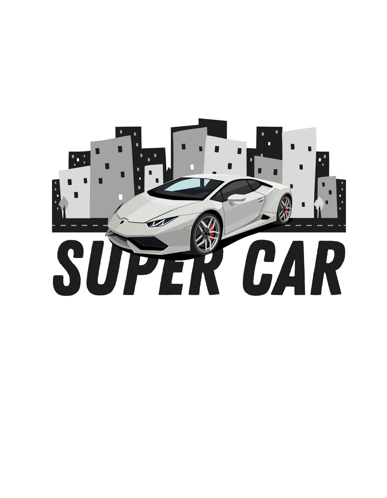 Egy modern szuperautó domborodik ki a városi siluett előterében, a "SUPER CAR" felirat alatt. Ez a design a sebesség és elegancia kombinációját ünnepli, ami tökéletes választás az autórajongóknak. 