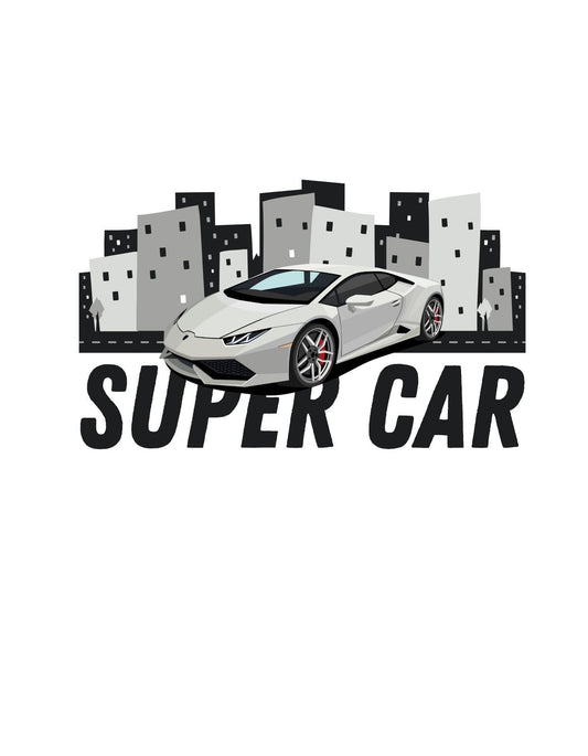 Egy modern szuperautó domborodik ki a városi siluett előterében, a "SUPER CAR" felirat alatt. Ez a design a sebesség és elegancia kombinációját ünnepli, ami tökéletes választás az autórajongóknak. 