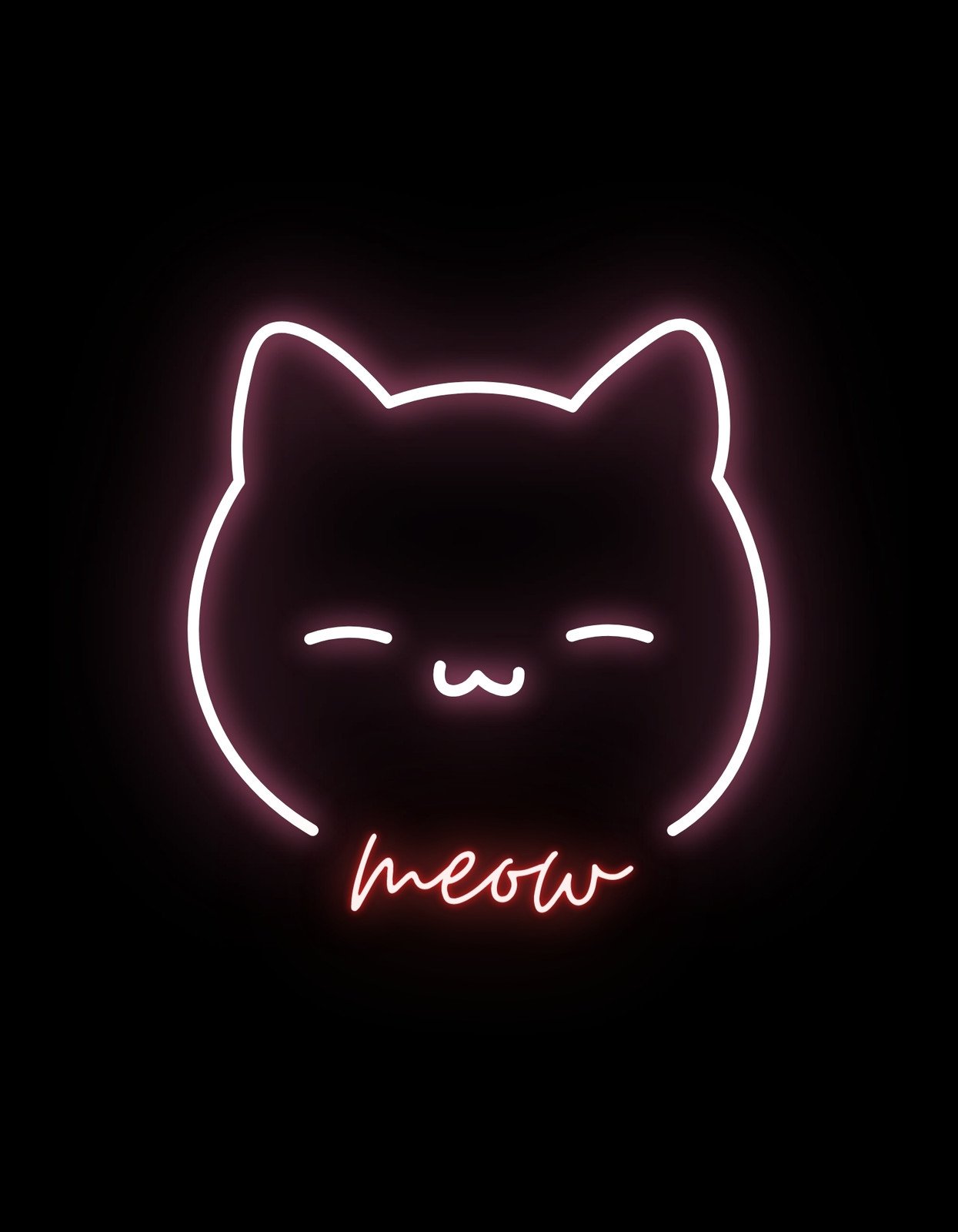Egy aranyos, neonfényben úszó macska kontúrja díszeleg az ábrán, "meow" felirattal, ami melegséget és vidámságot sugároz. 