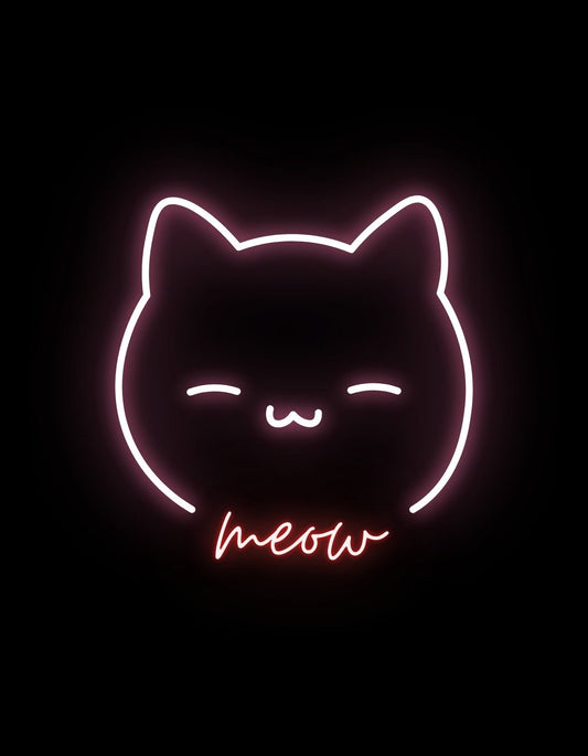 Egy aranyos, neonfényben úszó macska kontúrja díszeleg az ábrán, "meow" felirattal, ami melegséget és vidámságot sugároz. 