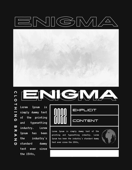 Minimalista monokróm design, az "ENIGMA" és "EXPLICIT CONTENT" feliratokkal, valamint elegáns, absztrakt grafikai elemekkel díszítve. 