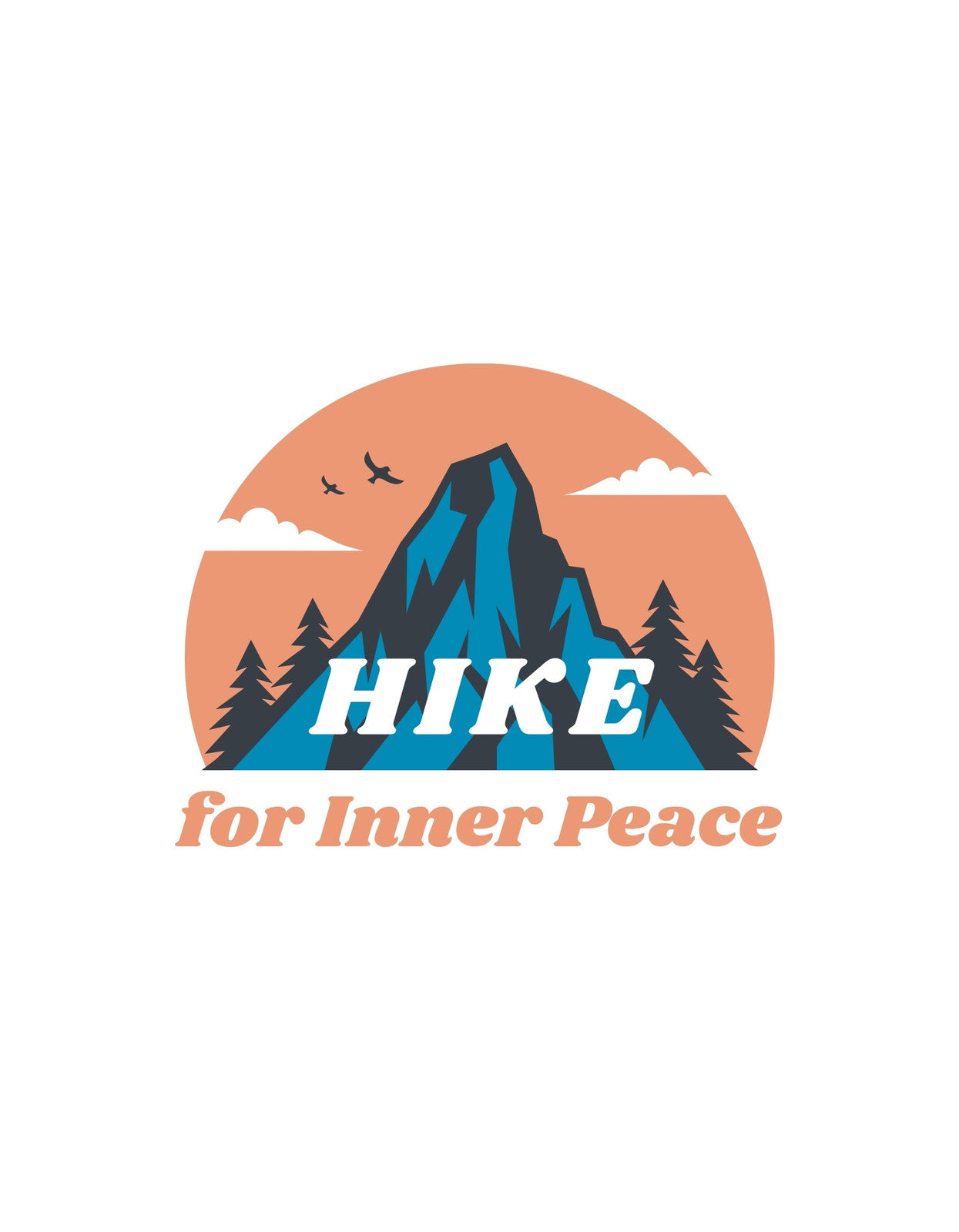 Egy békés hegyi tájkép, néhány fenyőfával és a "HIKE for Inner Peace" felirattal, ami a belső béke megtalálásának inspirációját sugározza. 