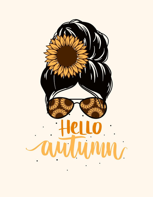 Egy stílusos kontúros női fej látható visszafogott színekben, napraforgó hajdíszítéssel és napszemüveggel, alatta "Hello autumn" felirattal, ami szó szerinti fordításban "Szia ősz!"-t jelent, ábrázolva az őszi hangulatot és a divatos megjelenést. 
