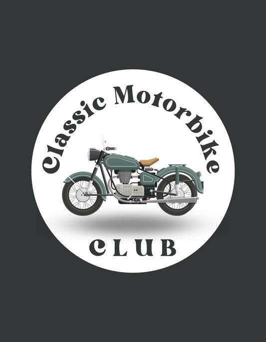 Egy klasszikus stílusú motorkerékpár látható a képen, kör alakú, vintage hangulatú logóval, mely az "Classic Motorbike CLUB" feliratot öleli körbe. 