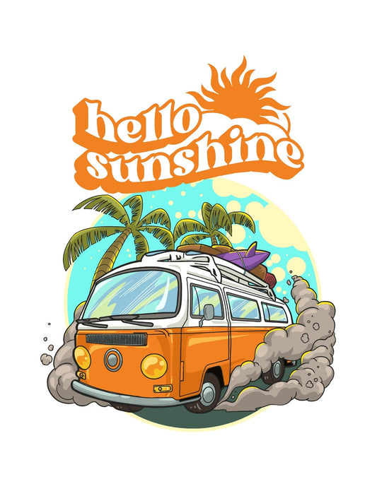 Egy színes, retro hangulatú kép, ahol egy narancssárga lakókocsit és szörfdeszkákat láthatunk, a háttérben tengerparttal és pálmafákkal. A képet egy "Hello Sunshine" felirat koronázza meg. 