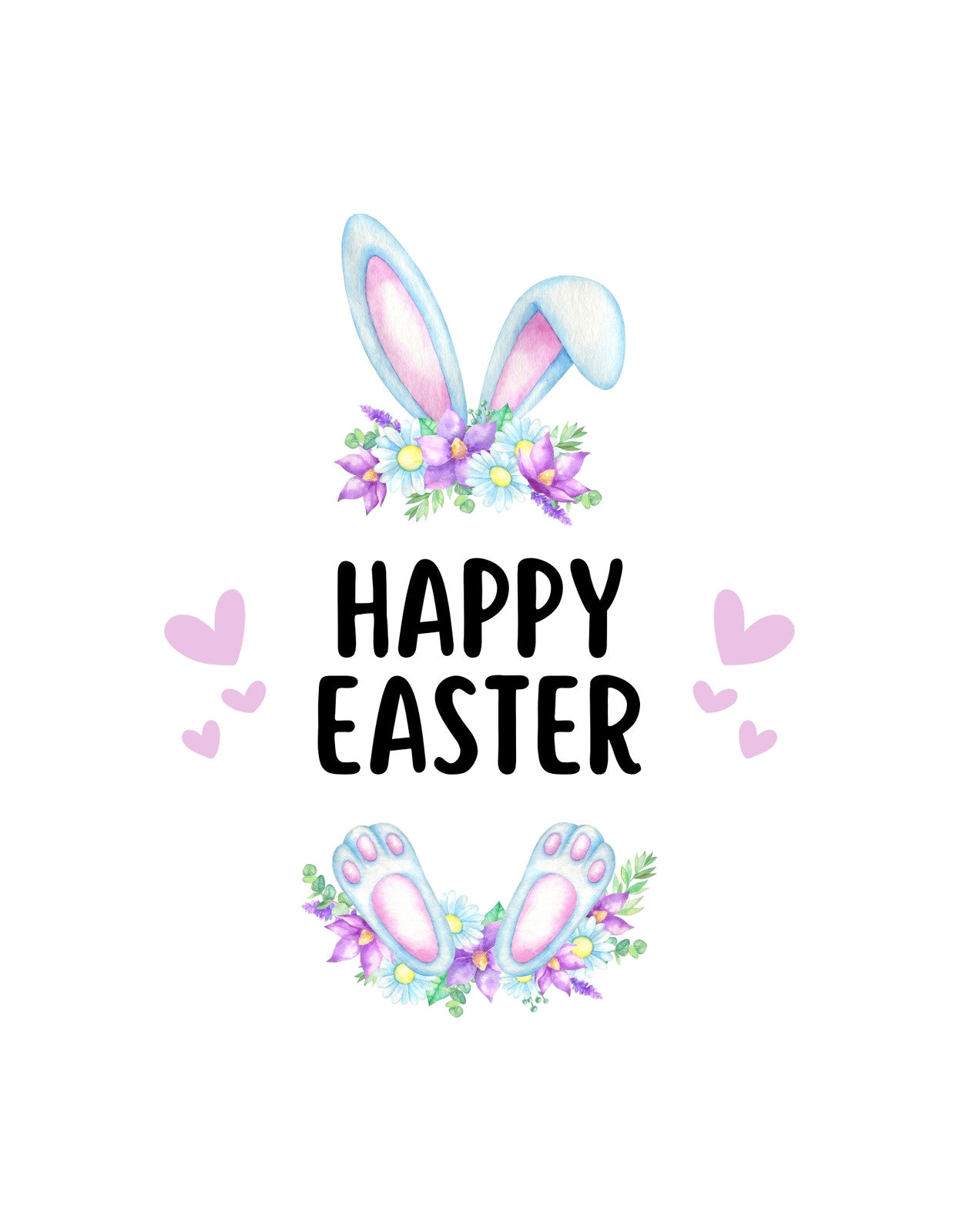 Egy aranyos és színes húsvéti dizájn, mely nyuszifüleket és -lábakat ábrázol, virágokkal és "Happy Easter" felirattal körülvéve. 