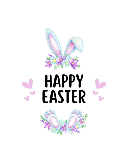 Egy aranyos és színes húsvéti dizájn, mely nyuszifüleket és -lábakat ábrázol, virágokkal és "Happy Easter" felirattal körülvéve. 