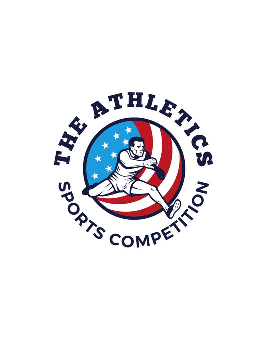 Egy lendületes atlétát ábrázol a kép dinamikus pózban, aki egy futás közbeni pillanatban van megörökítve. Az amerikai zászló motívumai és a "THE ATHLETICS - SPORTS COMPETITION" felirat erőt és versenyszellemet sugároz. 