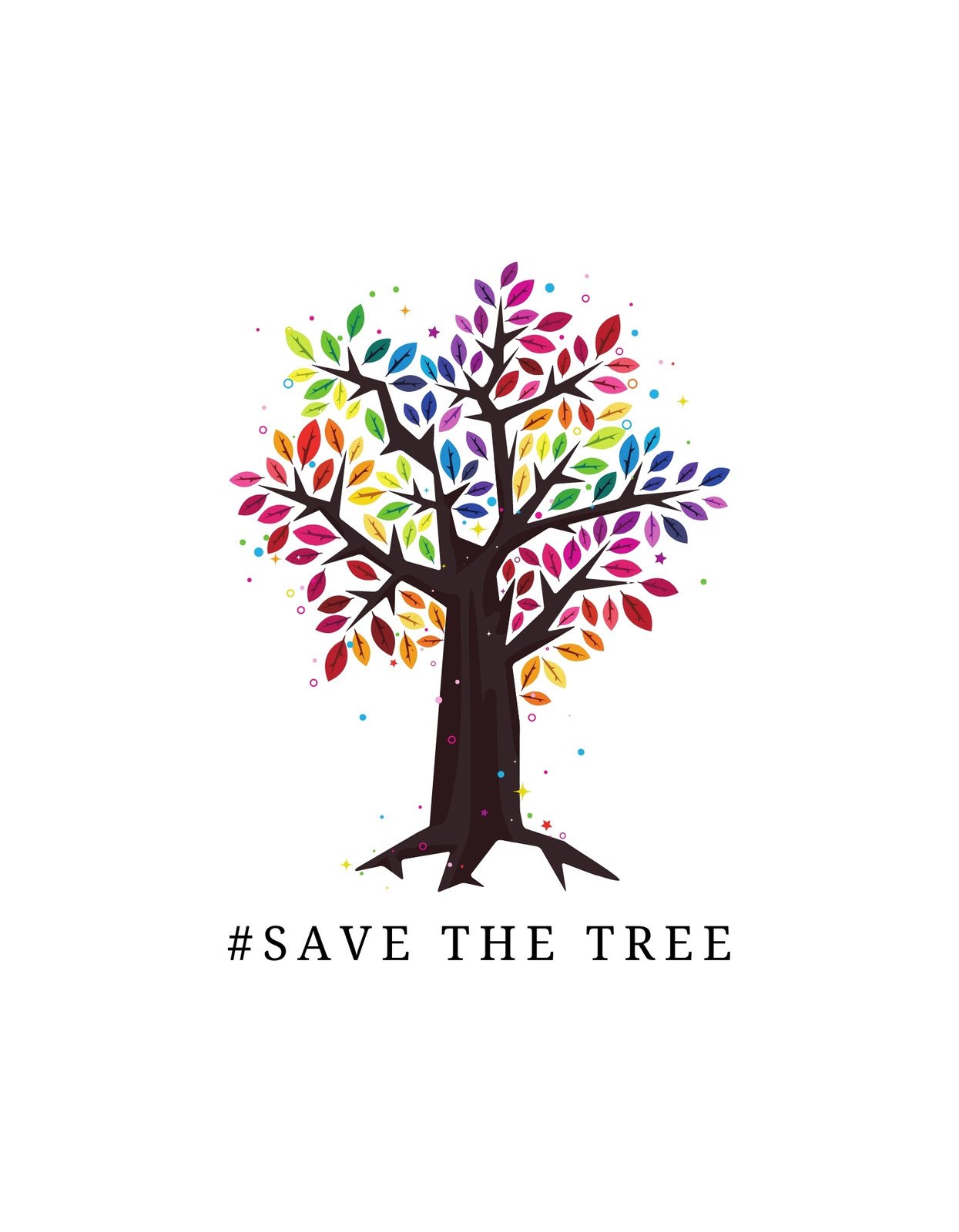 Egy színes lombkoronájú fa ábrázolása, körülötte kis csillagokkal és pöttyökkel, alatta a "#SAVE THE TREE" felirat. 
