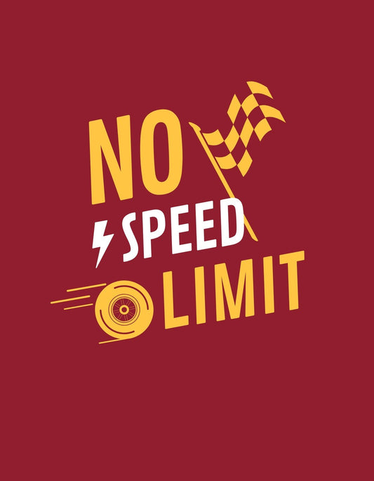 Dinamikus dizájn egy versenyzászlóval és villámmal, amely körülbelül egy kereket is ábrázol, mellette a "NO SPEED LIMIT" felirat kiemelkedő sárga betűkkel. 