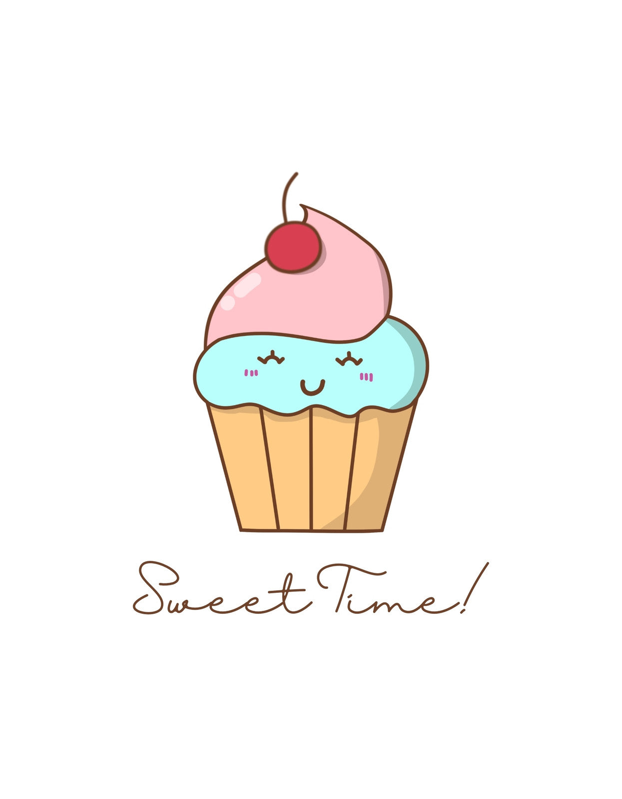 Egy aranyos, mosolygó muffin, tetején egy ínycsiklandóan piros cseresznyével, "Sweet Time!" felirattal alatta. 