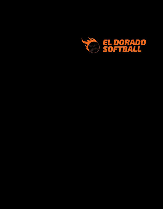 Egy lángra kapó softball labda dominál a képen, mellette az "EL DORADO SOFTBALL" felirat látható, ami dinamizmust és erőt sugároz. 