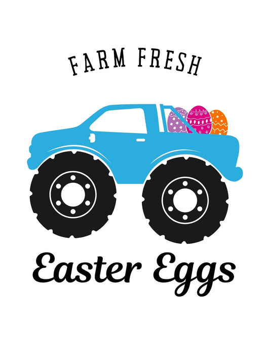 Egy kékre festett terepjáró látható hatalmas fekete kerékkel, melynek platóján húsvéti tojások vannak. Felette "Farm Fresh", alatta "Easter Eggs" felirat olvasható. 