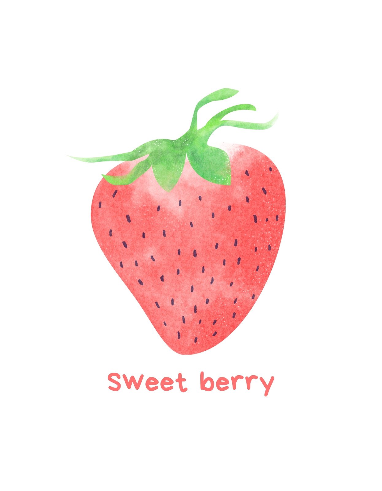 Egy édes, szív alakú eper látható, természetes zöld levelekkel a tetején, és az "Sweet berry" felirattal alul. 