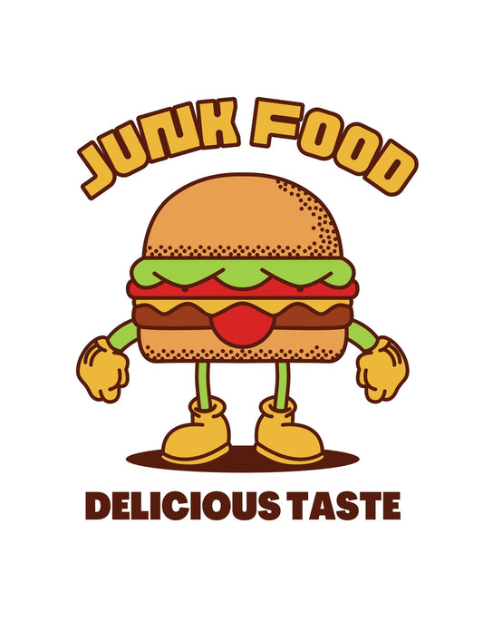 Egy mókás hamburger karakterrel díszített grafika, amely emberi vonásokkal rendelkezik – kezekkel és lábakkal. A "JUNK FOOD" szöveg egy ízletes atmoszférát áraszt. 