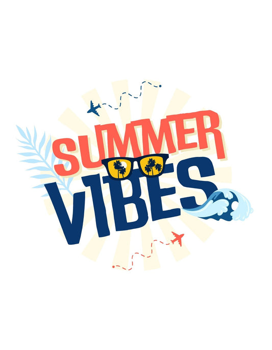 Nyári hangulatot árasztó dizájn, ami a "SUMMER VIBES" feliratot, napszemüveges ábrákat, és a tenger szellőjét idéző hullámokat ötvözi üdítő színkombinációval. 