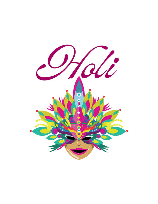 Egy vibráló minta, ami az ünneplés és a kultúra ötvözete, tele színes és mintás tollakkal, egy maszk köré rendezve, ami az arcot szinte láthatatlanná teszi, felidézve a Holi Fesztivál varázslatát. 