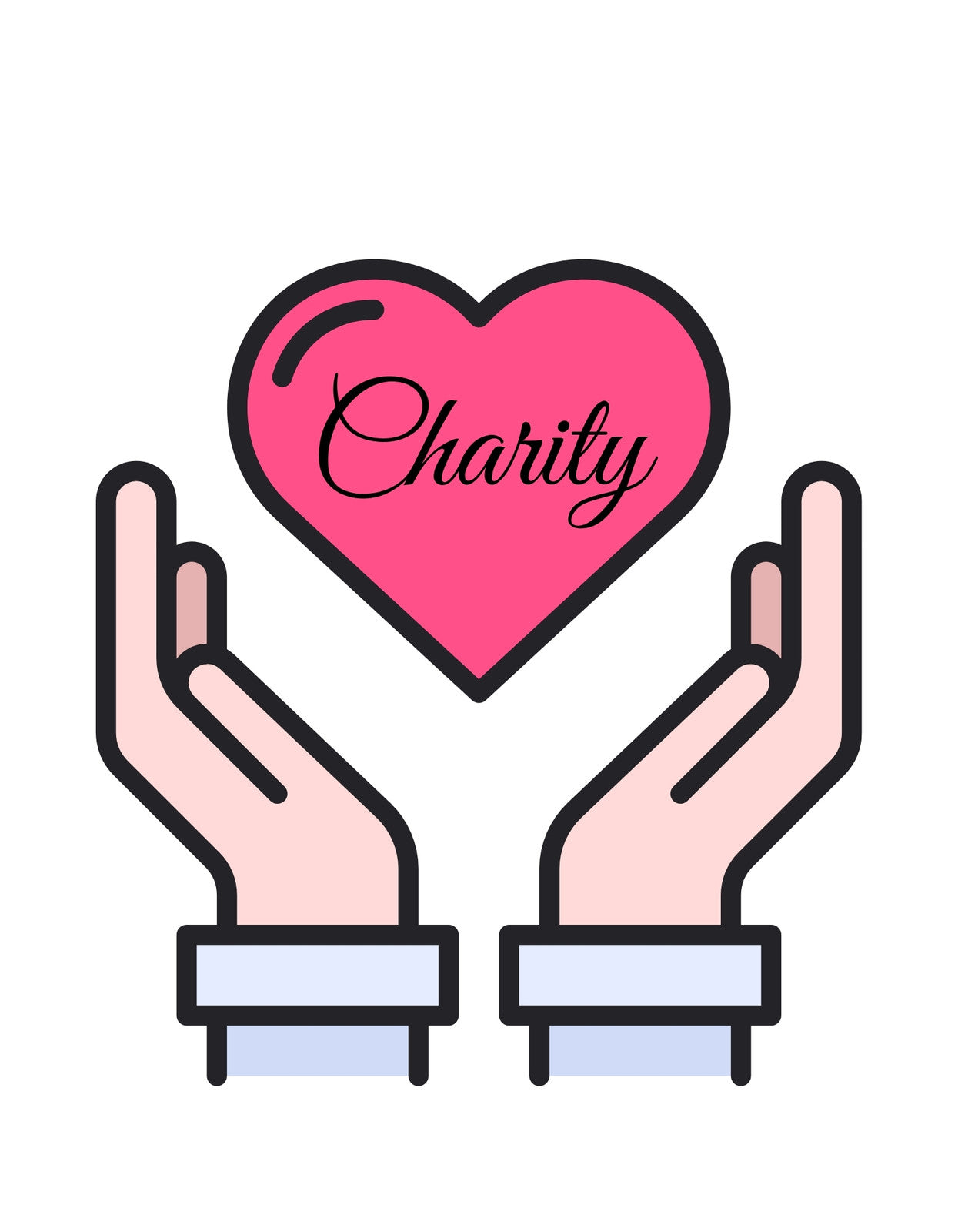 Egy nagy, szívet alakító grafika, melyet két kéz vesz körül óvóan. A szív közepén a "Charity" szó olvasható kecses betűstílussal. 