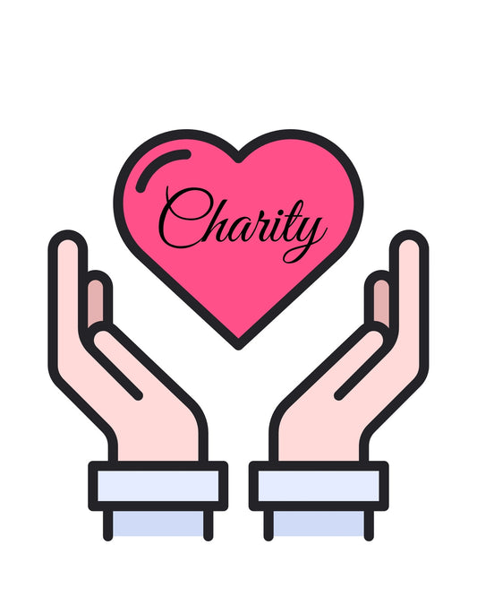 Egy nagy, szívet alakító grafika, melyet két kéz vesz körül óvóan. A szív közepén a "Charity" szó olvasható kecses betűstílussal. 