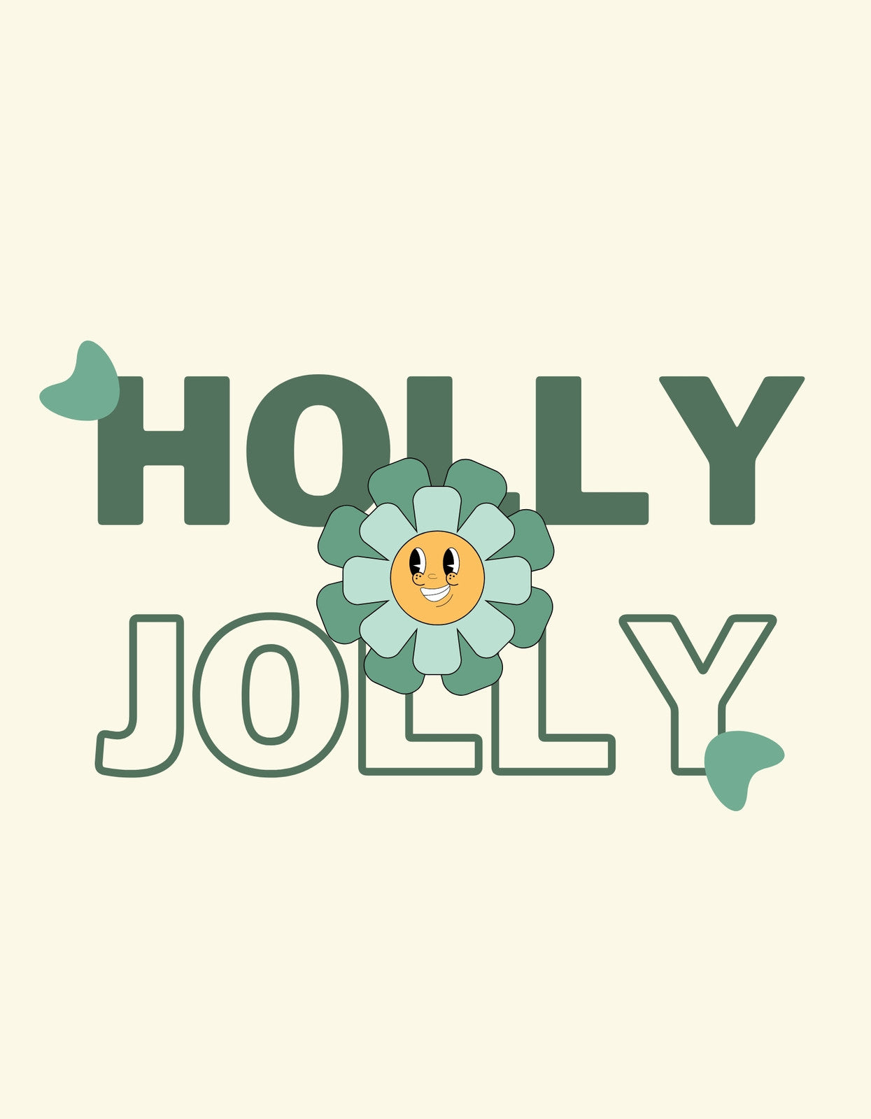 Egy mosolygó napraforgóval díszített meleg és barátságos hangulatot árasztó minta, ami körbeöleli a "HOLLY JOLLY" szöveget. 