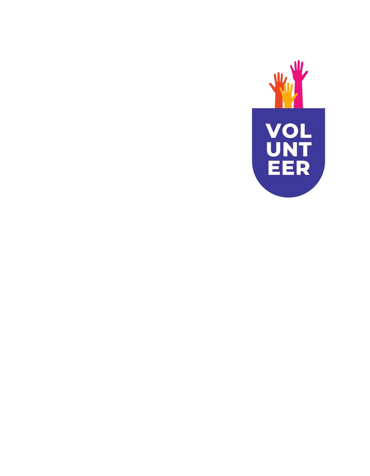 A képen egy szolidaritást és összetartást sugárzó embléma látható, amely a "VOLUNTEER" szóval és színes kezekkel jeleníti meg az önkéntesek erejét és közösségi szellemét. 