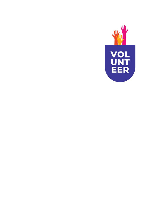 A képen egy szolidaritást és összetartást sugárzó embléma látható, amely a "VOLUNTEER" szóval és színes kezekkel jeleníti meg az önkéntesek erejét és közösségi szellemét. 
