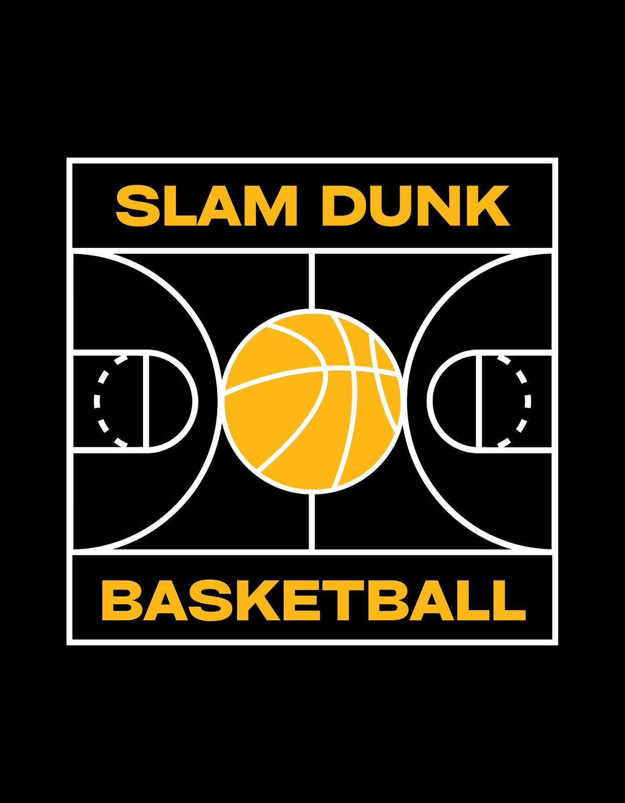 Egy lendületes kosárlabda tervezés, az "SLAM DUNK" és "BASKETBALL" szavakkal, egy kosárlabda és pályavonalak képével, amely a dinamizmust és az akciót emeli ki. 