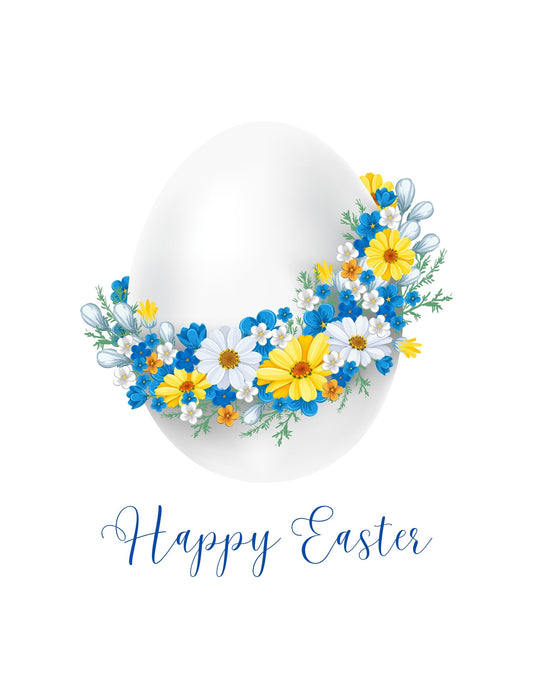 Egy nagyméretű húsvéti tojást ábrázoló kép, melyet kék és sárga virágok díszítenek, középen a "Boldog Húsvétot" felirattal. 