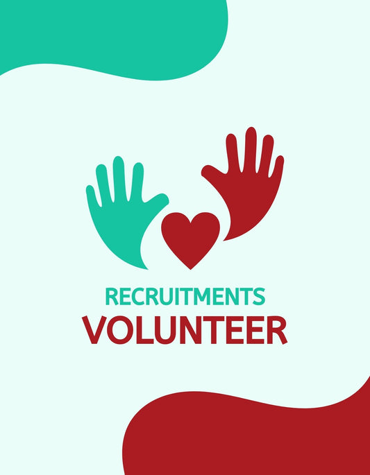 Egy zöld és piros kéz formál egy szívet, mellettük a "RECRUITMENTS VOLUNTEER" szöveg található, ami az önkéntesség fontosságát hangsúlyozza. 