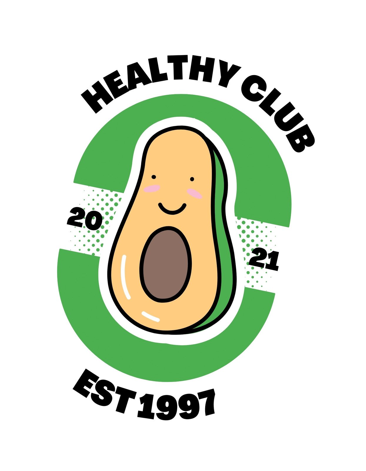 Mosolygós avokádó figura üdvözöl a képen, "HEALTHY CLUB" felirattal, ami egy zöld dinamikus háttér előtt helyezkedik el, jelezve a természetességet és az egészséges életmódot. Az avokádó körül dátumok sorakoznak, utalva a klub hosszú múltjára. 