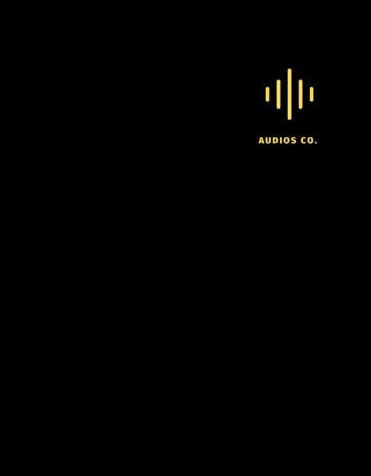 Minimál stílusú dizájn, amely egy hanghullámot és az "AUDIOS CO." feliratot ábrázol arany színben egy fekete háttérrel. 