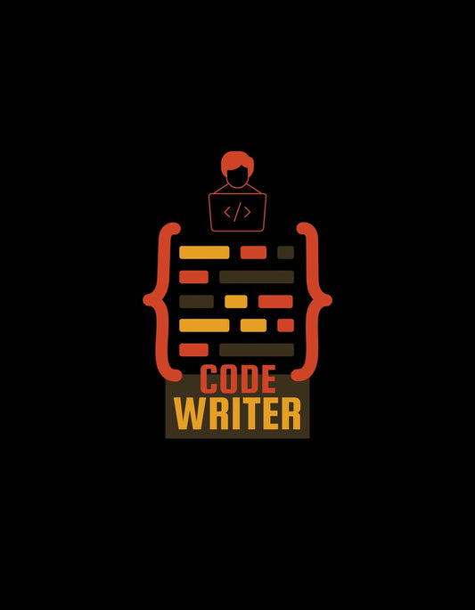 Egy számítógépen dolgozó figura látható az illusztráción, programkód elemekkel és "CODE WRITER" felirattal. A design modern és szemtelenül elegáns, tökéletes választás azok számára, akik a kódolás világában érzik magukat otthon. 