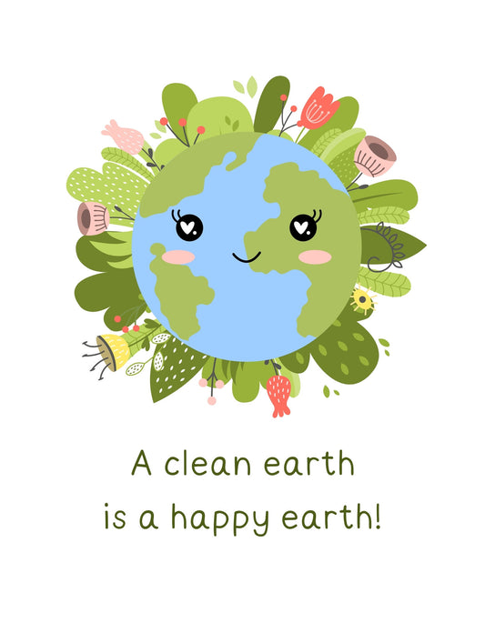 Egy mosolygó Föld bolygót ábrázoló kép, melyet színes levelek és virágok ölelnek körül, együtt sugárzó pozitív üzenettel a tiszta bolygóról. 